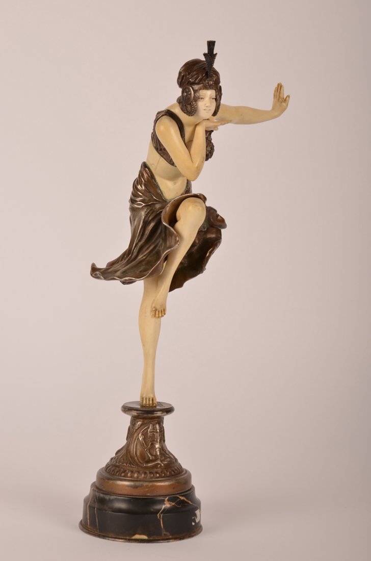 C J Colinet bronze and ivory figure: C J Colinet (Claire Jeanne Robert Colinet, French, 1880-1950). bronze and ivory figure of a lady witha headress dancing. Overall height: 15"