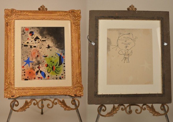 Joan Miro, Spanish 1893-1993, Sans Titre, Aquatint: Joan Miro, Spanish 1893-1993, Sans Titre, Aquatint and ink drawing, the front is signed in pencil lower right and the verso ink drawing is signed and titled. Sight sizes: 16 ½" x 13 3/8" Framed: 27" 