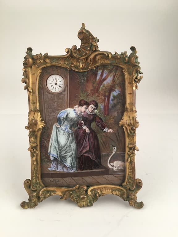 French enamel painting on copper with a small clock in the upper left. (1 of 7)