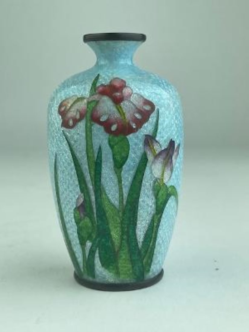 Miniature Japanese ginbari cloisonne  vase with a floral scene of flowers, leave (1 of 6)