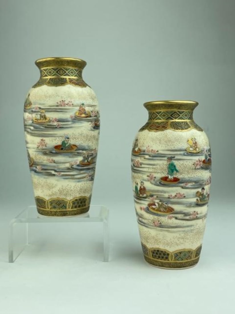 Japanese pair of antique Satsuma vases with a scene of people all around the vas (1 of 6)