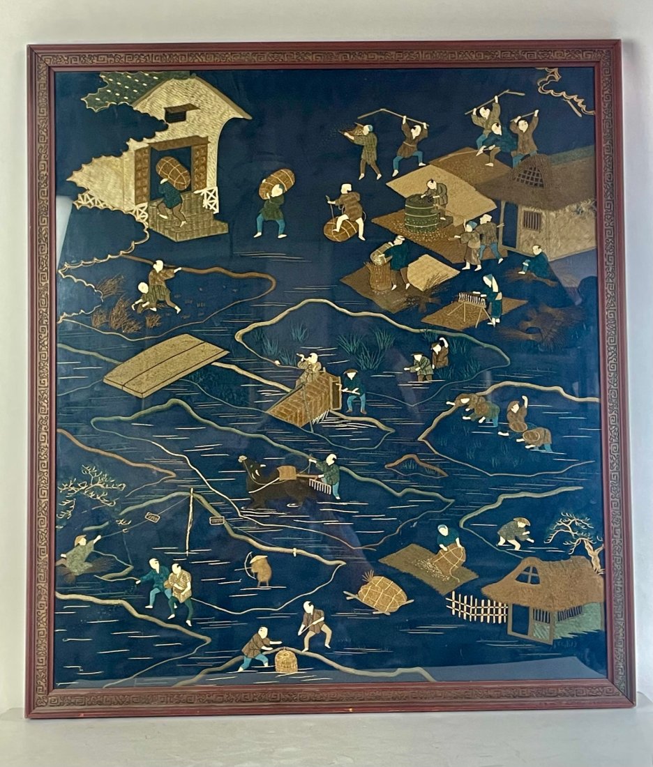 Japanese embroidered scene of havesting rice.: Chinese embroidered scene of havesting rice. Circa 1860. Overall size with frame 28 inches x 31 1/2 inches.