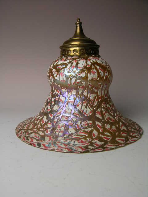 Durand art deco glass touchier glass shade.: Durand art deco glass touchier glass shade. Gold glass with white and pink details. Height 7 1/2", width 11 1/2" with a 3" collar. (Minor chips hidden when put together). Circa 1930.