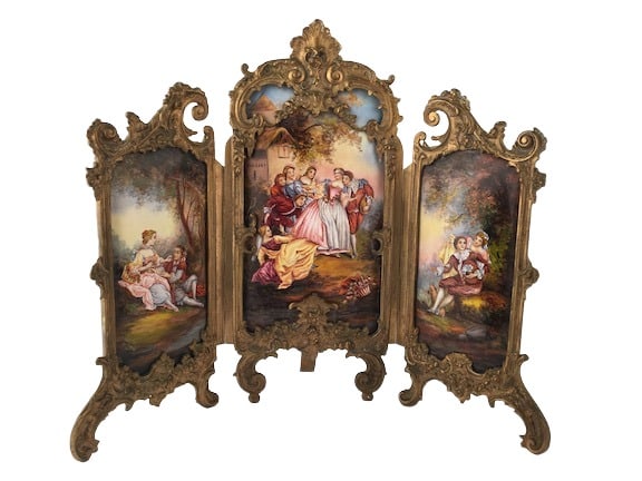 Antique French enamel and gold dore bronze three panel screen. (1 of 7)
