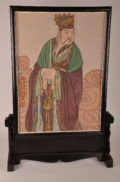 Chinese hand-painted and lacquered table screen, s: Chinese hand-painted and lacquered table screen, signed. H: 31" W: 22"