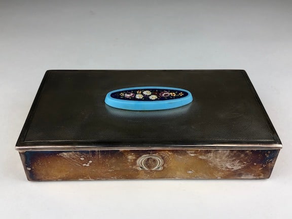 Sterling silver and micromosiac box with hindged lid. Stamped "Sterling Silver, (1 of 9)