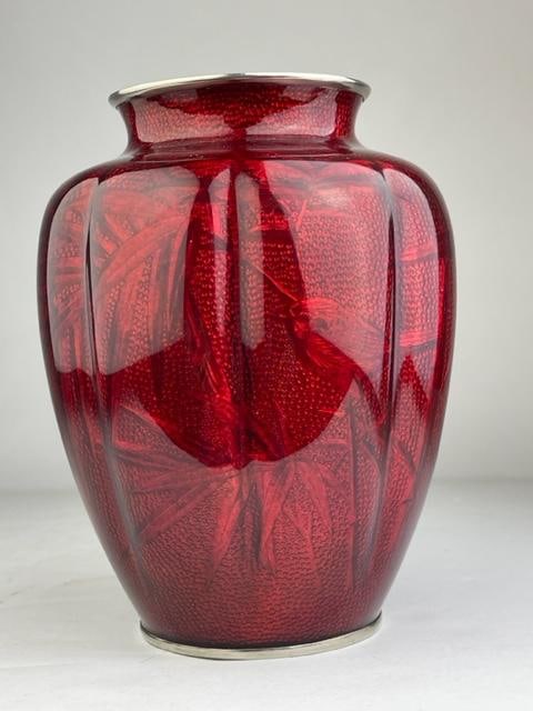 Japanese akasuke ginbari cloisonne pigeon red melon form vase with silver mounts (1 of 7)