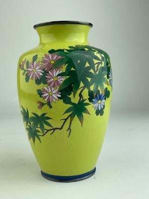 Japanese cloisonne vase decorated with flowers, leaves and stems on a yellow gro (1 of 6)