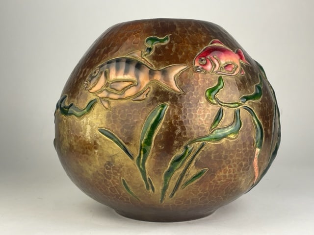 Japanese Ando hammered copper and enamel vase decorated with three swimming fish (1 of 7)