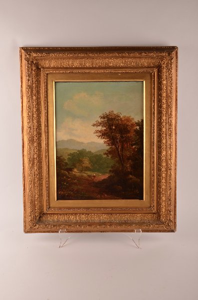 Robert Angelo Kittermaster Marshall, British 1849-: Robert Angelo Kittermaster Marshall, British 1849-1926, Extensive landscape with woman walking down a path, oil on canvas, signed lower left: R. Marshall, Canvas: 16" x 12" Framed.