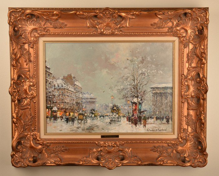Antoine Blanchard [Marcel Masson] French 1910-1988: Antoine Blanchard [Marcel Masson] French 1910-1988, Boulevard Des Capucines, Place de la Madeleine [sous la Neige} Paris, oil on canvas, signed lower right: Antoine Blanchard and located on verso. Can