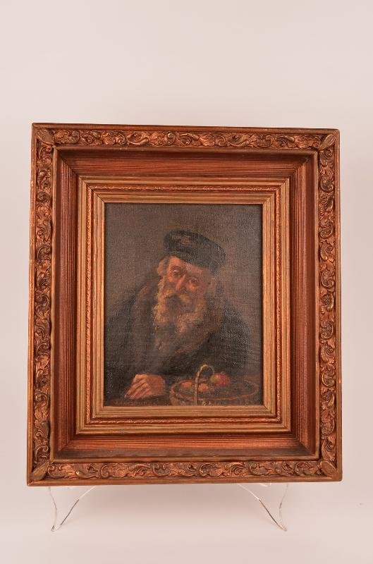 Continental School, 20th century "Portrait of a Ra: Continental School, 20th century "Portrait of a Rabbi at a table with fruit basket" signed lower left indistinctly, oil on canvas in a carved frame. Canvas: 10" x 8" Frame: 15 ¾" x 13 ¾"