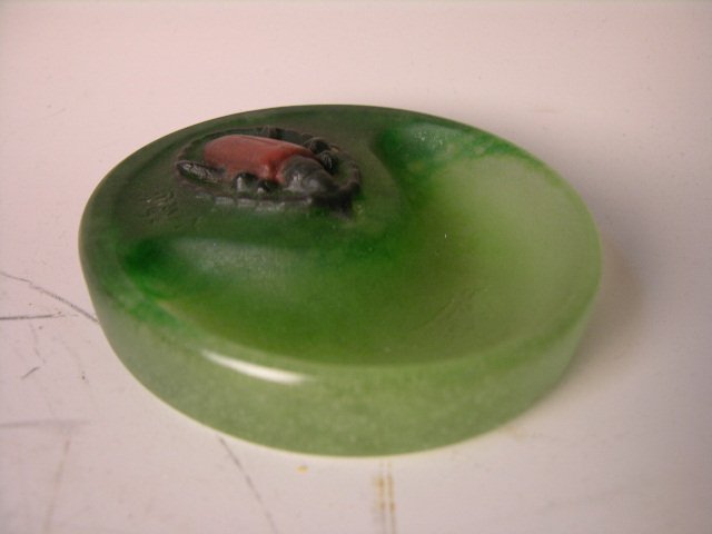 A. Walter Nancy pate de verre beetle poche.: A. Walter Nancy pate de verre beetle poche. The back of the beetle is red/brown on a light to dark green glass dish. Signed "A. Walter Nancy" as well as "Berge" Diameter 4" x 3 1/2". The pate de verre
