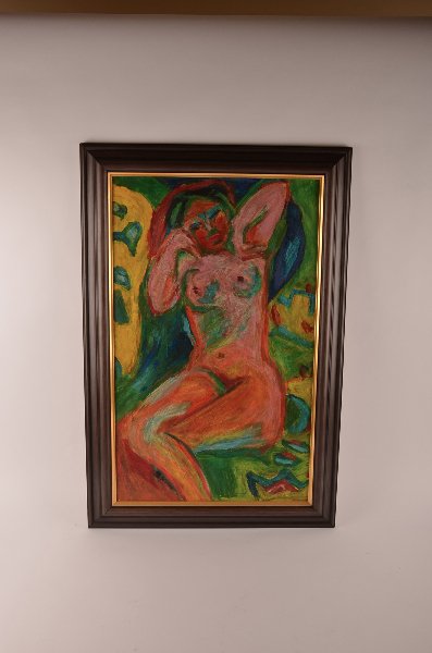 Ernst Ludwig Kirchner Attributed, German 1883-1938, : Ernst Ludwig Kirchner Attributed, German 1883-1938, Reclining Female Nude, oil on artist board, signed indistinctly lower left. Sight size: 26" x 15 ¾" Framed.
