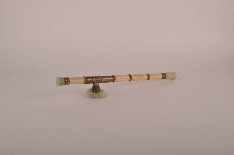 Chinese jade, ivory and silver-mounted Opium pipe,: Chinese jade, ivory and silver-mounted Opium pipe, unmarked, Qing dynasty. Length: 17 ¾"