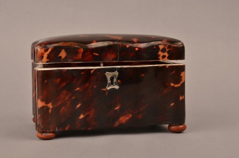 Tortoise Shell Victoriann Tea Caddy with Double We: Tortoise Shell Victoriann Tea Caddy with double wells and sits on 4 ball feet. The inside lids are topped with a finial. Height 3 1/4".Width 5 1/2". Depth 3 1/2". (Norman age cracks and minor repairs)