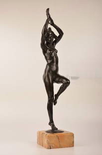 Louis-Marie-Jules Delapchier (French:Active, 1900-1930): Louis-Marie-Jules Delapchier (French:Active, 1900-1930). Titled "Danseuse", A bronze figure of a nude with her left knee bent up and both her hands over her head.Mounted on a brown and black veined ba