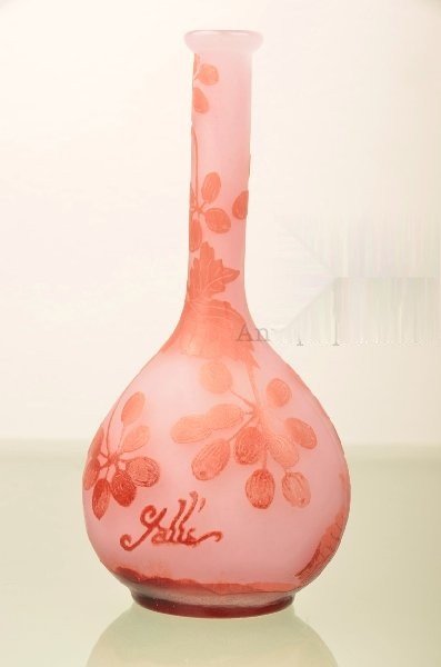Galle cameo vase.: Galle banjo cameo vase, decorated with flowers and berries all around, French, c 1900. Signed Galle in cameo on the bottom. Height 6 3/4".