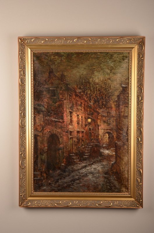 Oil on canvas of a night time street scene.