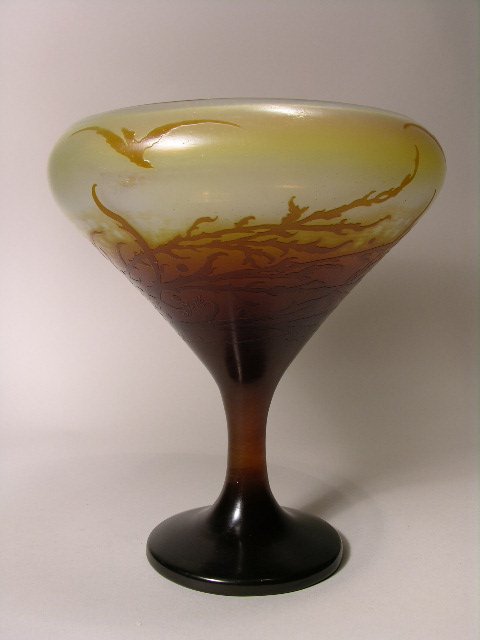 Emile Galle vase decorated with seagulls in flight. Sig
