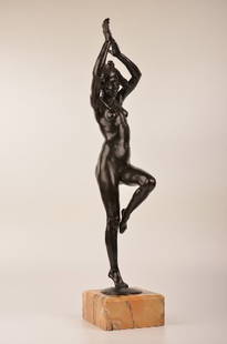 Louis-Marie-Jules Delapchier (French:Active, 1900-1930): Louis-Marie-Jules Delapchier (French:Active, 1900-1930). Titled "Danseuse", A bronze figure of a nude with her left knee bent up and both her hands over her head.Mounted on a brown and black veined ba