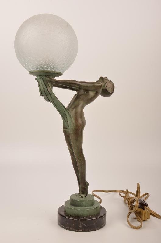 Max Le Verrier, French 1891-1973 lamp.: Max Le Verrier, French 1891-1973 Art Deco patinated bronze lamp with crackled glass.Signed LeVerrier in the base.Height 16".