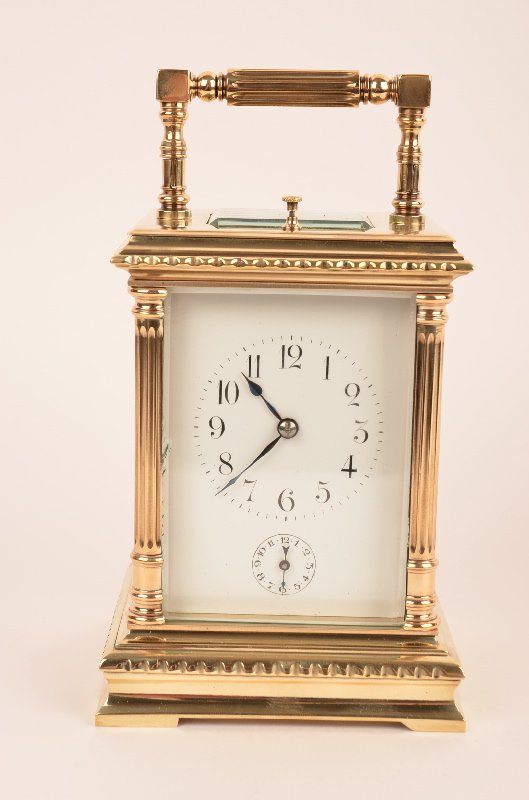 Late 19 th century French repeater brass carriage clock: Late 19 th century French repeater brass carriage clock with fixed handle.Overall height 7 1/2.