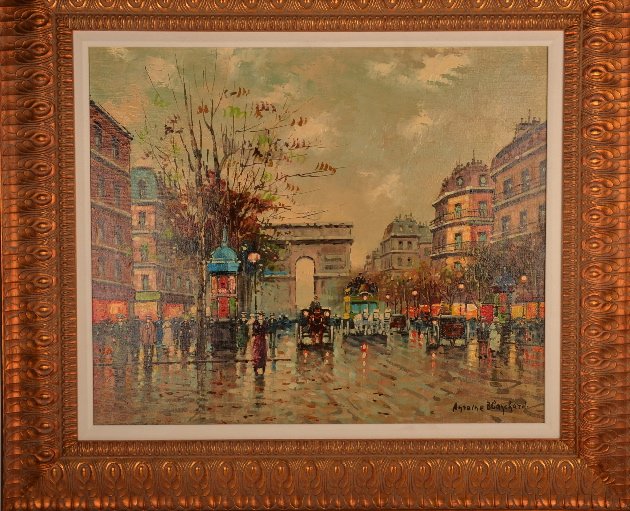 Antoine Blanchard, oil on canvas.: Antoine Blanchard (French, November 15, 1910-August 10, 1988) was born as Marcel Masson in the Loire Valley, France. Oil on canvas of a Paris street. Framed in a newer frame. Signed bottom right. View