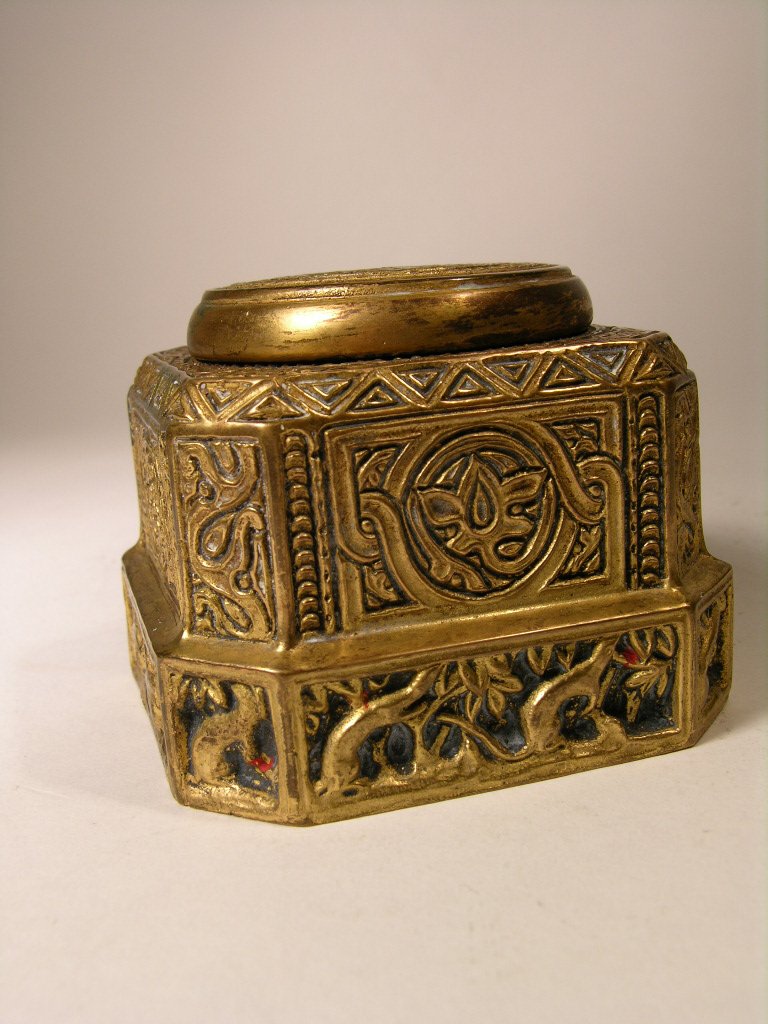 Tiffany Studios Venetian ink well.: Tiffany Studios Venetian ink well. The bottom is decorated with small Ermine around the edges. The ink well is properly stamped "Tiffany Studios New York 1700". Height 2 3/8". Circa 1920.