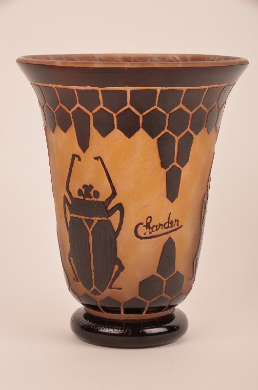 French Le Verre Francois Charder cameo vase.: French Le Verre Francois Charder cameo vase decorated with a geometric pattern both top and bottom with three large beetles around the circumference of the vase. Signed Le Verre Francois, as well as C