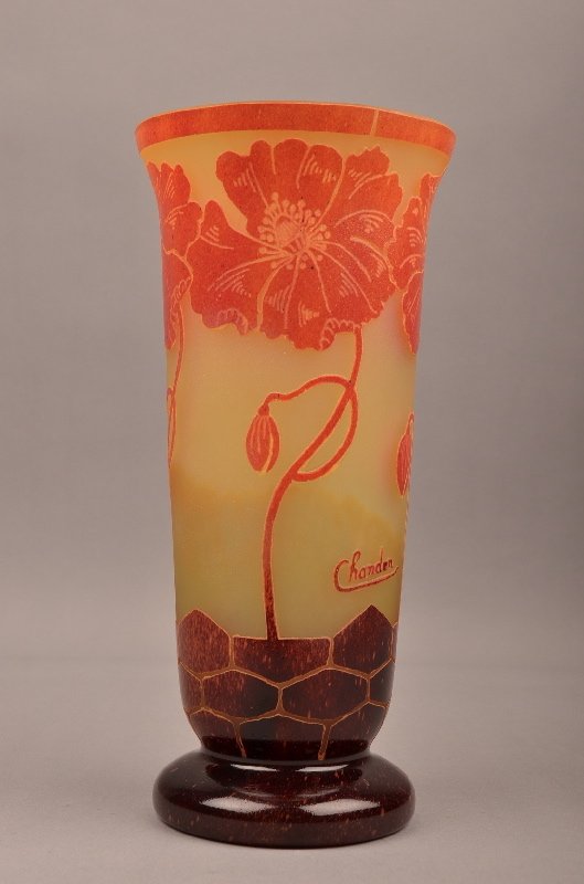 Charder cut cameo vase.: Charder cut cameo vase, large flowers with long stems running up the vase, on a yellow ground. SIgned Charder in cameo. also signed Le Verre Francis in script. Height 9 1/2".