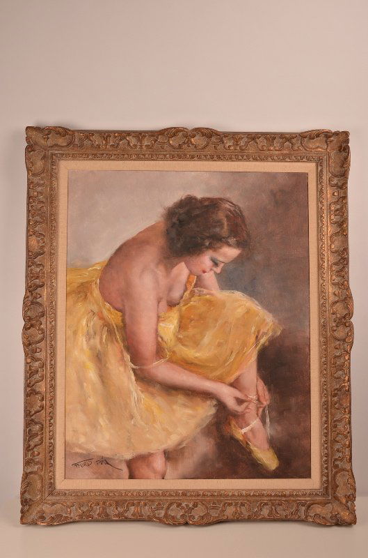 Pal Fried (Hungarian:1893-1976). Oil on canvas: Pal Fried (Hungarian:1893-1976). Oil on canvas of a Ballerina lacing up her slippers.Viewing area 24 inches x 30 inches.Framed 31 inches x 37 inches.