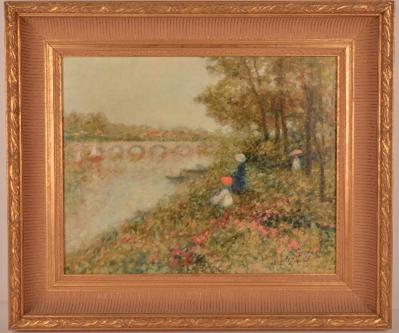 Andre Gisson (America, 1928-2003) oil on canvas: Andre Gisson (America, 1928-2003) oil on canvas of a group of three people with a bridge in the background.Signed A. Gisson bottom right.Viewing area 20 inches x 15 1/2 inches.Framed size 26 1/2 inche