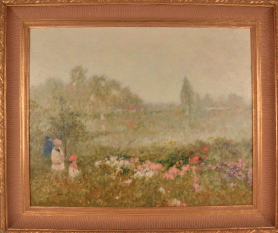 Andre Gisson (America, 1928-2003) oil on canvas: Andre Gisson (America, 1928-2003) oil on canvas of a group of three people in a meadow.Signed A. Gisson bottom left.Viewing area 29 1/2 inches x 23 1/2 inches.Framed size 37 inches x 32 inches.