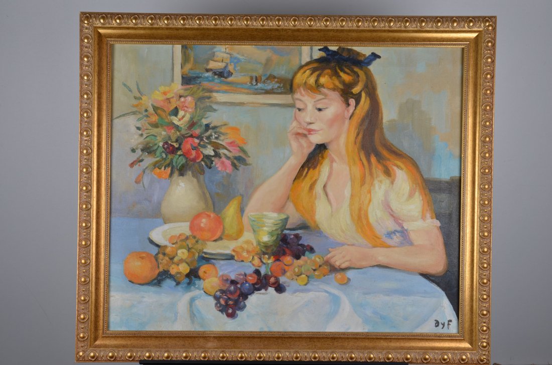 Marcel Dyf (1899-1985) Marcel Dyf (French,1899-1985): Marcel Dyf (French,1899-1985) Claudine at a table with flowers and a plate of fruit.Signed 'Dyf' (lower right) Oil on canvas.Canvas measures 28 inches x 23 inches.Framed measures 32 inches x 28 inches