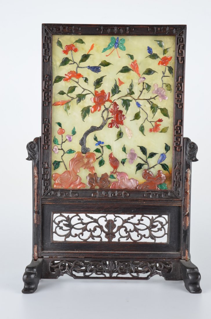 Chinese screen with multi color stones. Wood portion: Chinese screen with multi color stones. Wood portion missing some pieces. Overall height 14 inches.