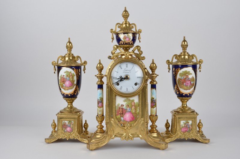 Porcelain and brass garniture set with mantle clock and (1 of 6)