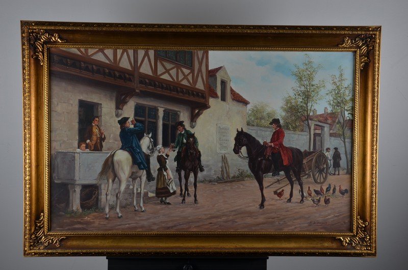Old European oil on canvas painting, signed: H.: Old European oil on canvas painting, Three men on horseback at a tavern. signed: H. Wilkinsons bottom right. 30 1/4 inches x 46 inches.