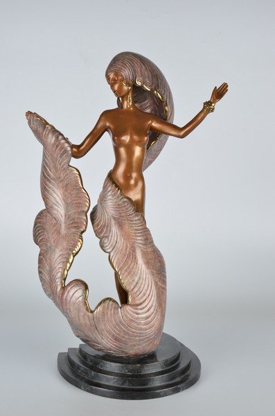 Erte "Folies Bergere", (Romaine De Tirtoff, Russian: Erte "Folies Bergere", (Romaine De Tirtoff, Russian 1892-1990).A bronze figurine of a semi nude dancer.on a bronze three stepped base.Stamped 1987 Chak & Vermilion and Seven Arts 189/375. Also marked
