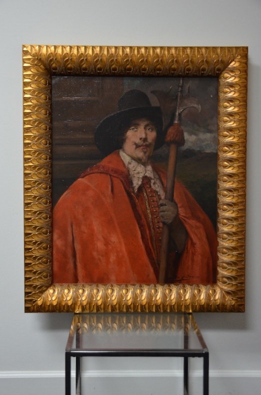 Alex de Andreis, (Belgian, 1871-1929): A Cavalier with a pike.Signed Alex de Andreis bottom right.Oil on canvas.Viewing area 25 inches x 31 inches.Frame 33 inches x 40 inches.(One small repair to canvas).
