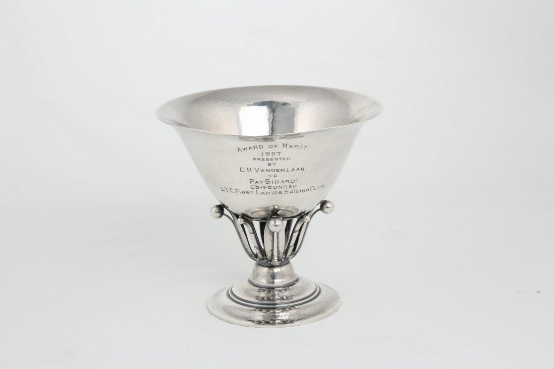 Georg Jensen, (Danish,1866-1935). Sterling silver: Georg Jensen, (Danish,1866-1935) Sterling silver compote.Designed by Johan Rohde, 1856-1935.Monogramed Award of Merit 1957Presented by C.H.Vanderlann to Pat GirardiC0-founder L.Y.C. First Ladies Saili