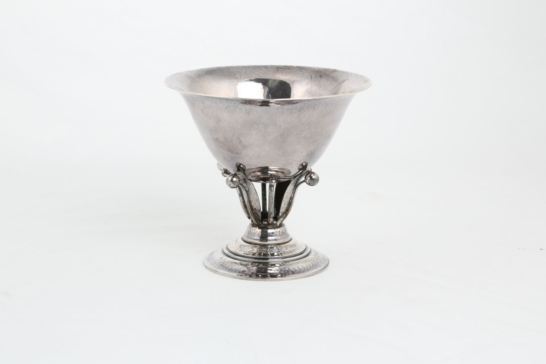 Georg Jensen, (Danish,1866-1935) Sterling silver: Georg Jensen, (Danish,1866-1935) Sterling silver compote.Designed by Johan Rohde, 1856-1935.Stamped Georg Jensen with the oval around the name aswell as 17 A, Denmark Sterling.Height 4 3/16 inches, Di