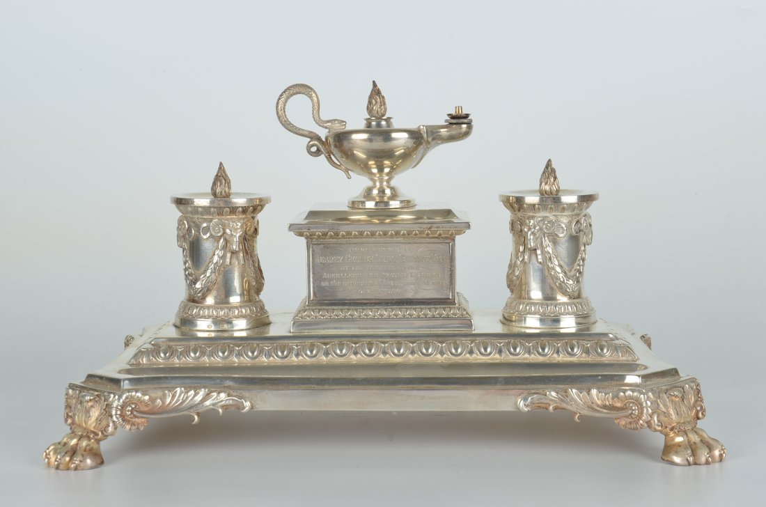 Antique sterling silver two bottle and lighter: Antique sterling silver two bottle and lighter presentation ink stand. Presented to as engraved "Presented to Aubrey George Lloyd-Barrow Esq. By the tenants on the Aberllech and Pengay Estates, on the