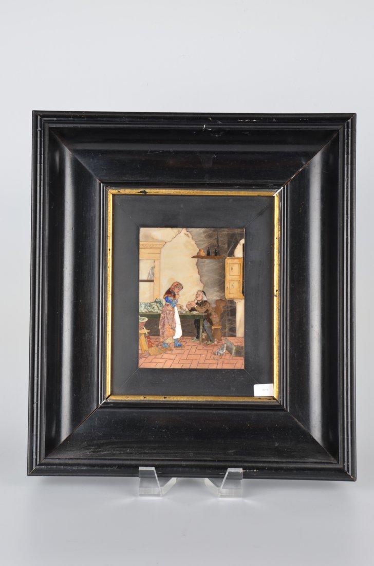 PIETRA DURA PLAQUE OF LADY AND A MAN.: PIETRA DURA PLAQUE OF LADY AND A MAN. THE LADY IS SERVING A PLATE OF FOOD WHILE THE MAN IS SITTING AT THE TABLE WITH A CHICKEN FORGING ON THE FLOOR. VIEWING AREA 6" X 7 1/2". FRAMED MEASURES 11 1/2" X