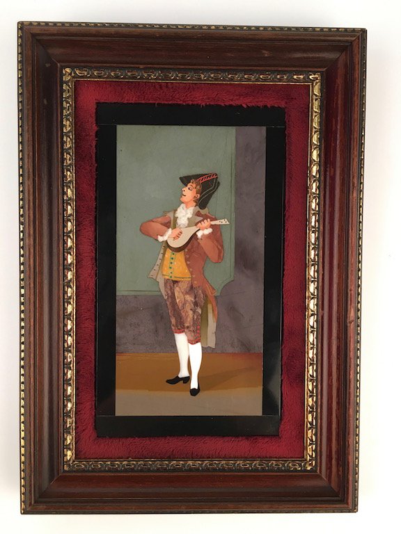 Pietra dura of a young man standing playing music.: Pietra dura of a young man standing playing music. Plaque measures 4 1/2 inches x 7 1/2 inches.