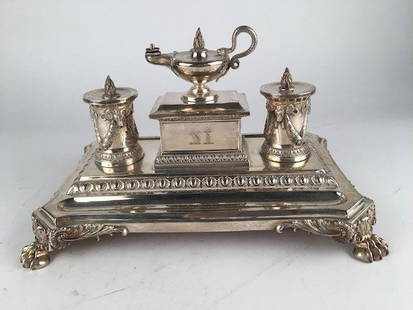 Antique sterling silver two bottle and lighter: Antique sterling silver two bottle and lighter presentation ink stand. Presented to as engraved "Presented to Aubrey George Lloyd-Barrow Esq. By the tenants on the Aberllech and Pengay Estates, on the