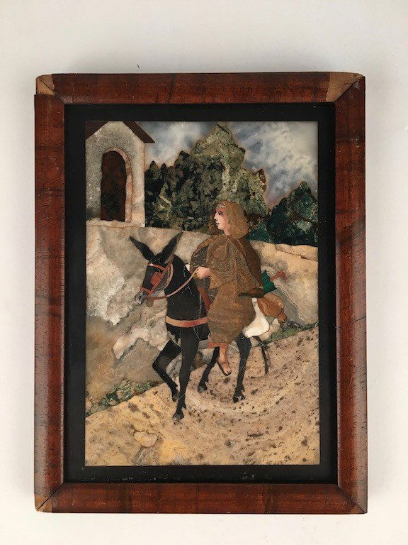 Pietra dura plaque of a lady riding on a donkey. (1 of 2)