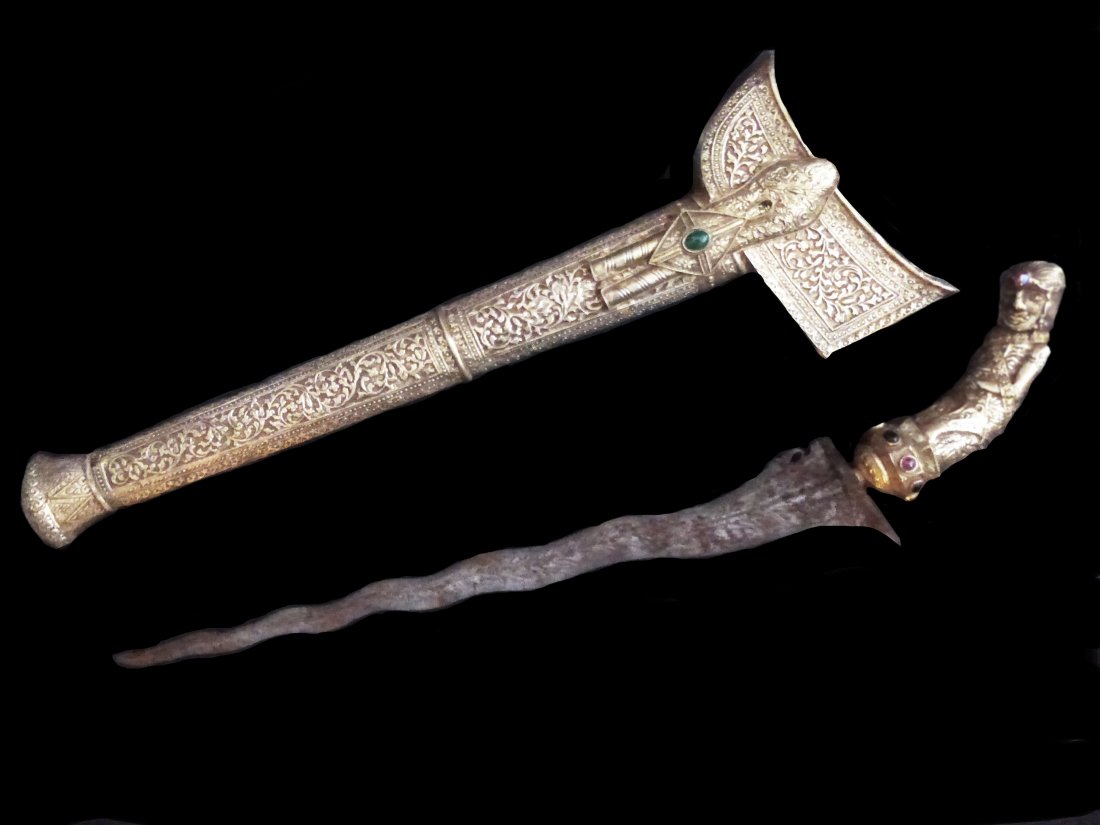 Rare Southeast Asian Gilt Kris: Very ornate gilt Kris sword from Indonesia. With multiple jewels with nicely carved handle. Very minor wear. 19/20th century. Length: 23.8 inches