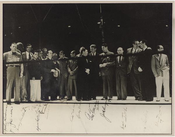 Signed Original Photo Featuring Sixteen Early Boxi: Signed Original Photo Featuring Sixteen Early Boxing Champions Sixteen pre-1940 boxing champions signed this 16" by 21" original photo including Jack Johnson, Jack Dempsey, Gene Tunney, Jim Braddock,