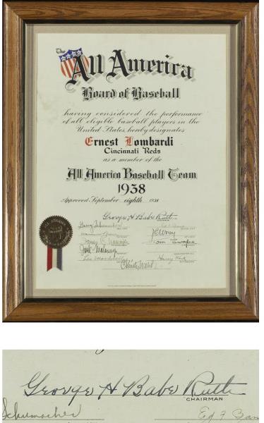 Ernie Lombardi's 1938 All-American Certificate Sign: Ernie Lombardi's 1938 All-American Certificate Signed by Babe Ruth Property From The Estate of Ernie Lombardi Each year from the 1920's through the 1930's, the All American Board of Baseball recognize